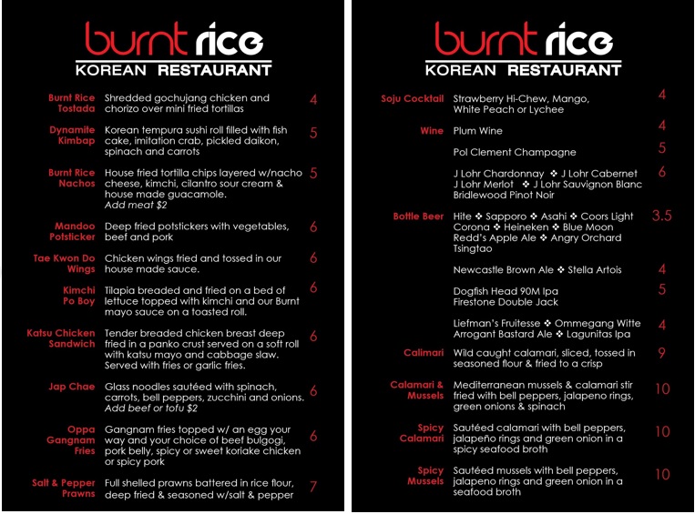 Burnt Rice Korean Restaurant San Jose Happy Hour Menu