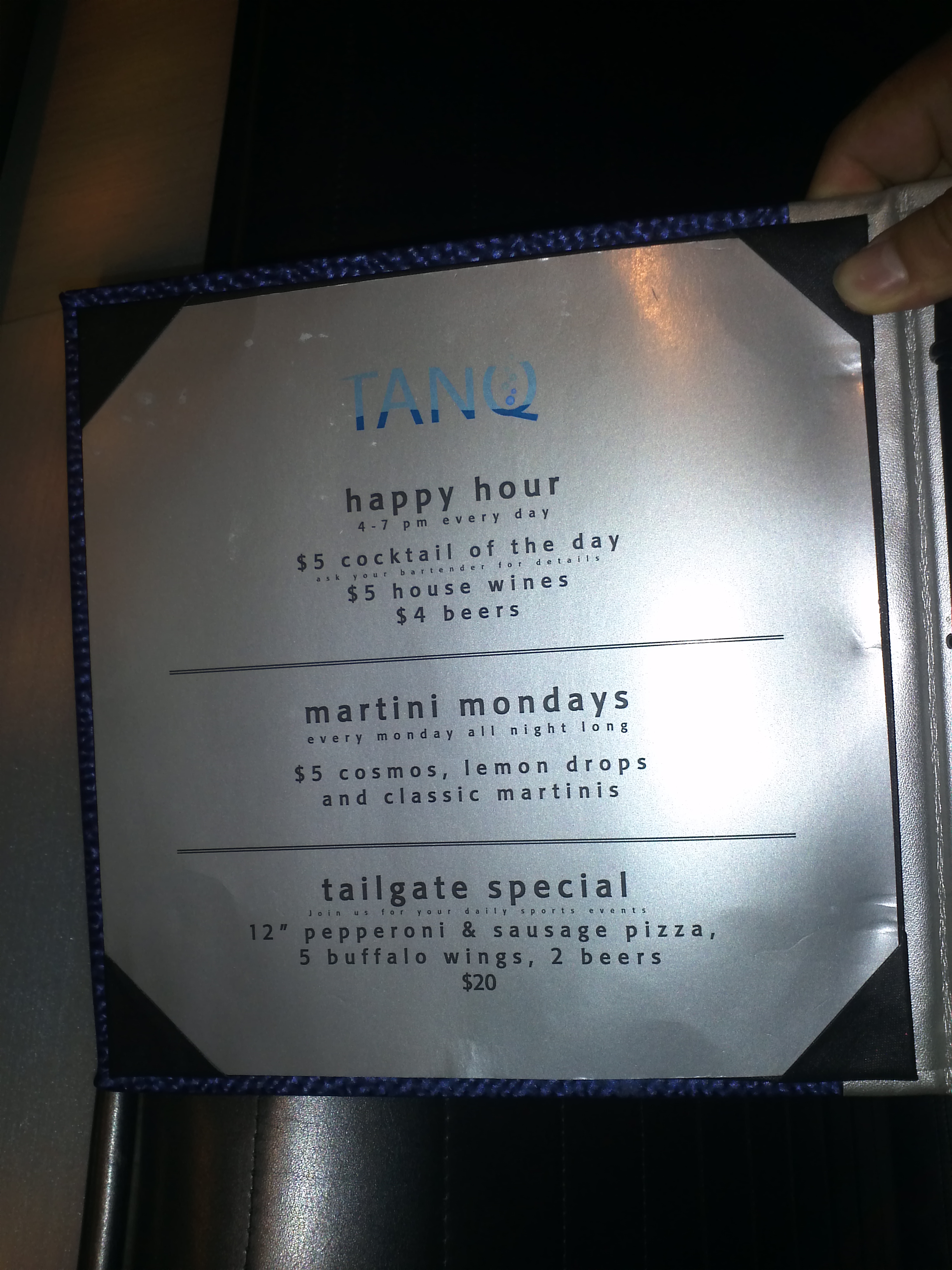 Tanq Lounge Nightclub San Jose Happy Hour Menu